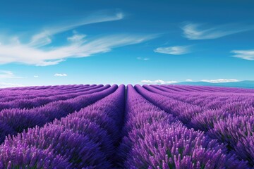 A vast expanse of vibrant purple flowers stretches out beneath a clear blue sky, Endless lavender fields under a deep blue sky, AI Generated