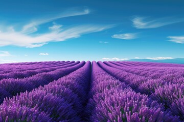 Obraz premium A vast expanse of vibrant purple flowers stretches out beneath a clear blue sky, Endless lavender fields under a deep blue sky, AI Generated