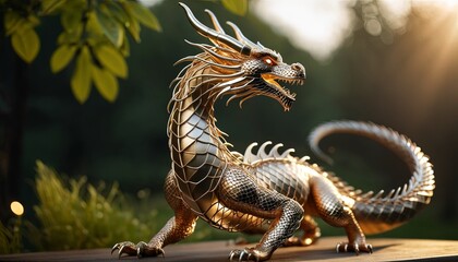 Naklejka na ściany i meble Dragon sculpture from bent wire. Creative figures symbolizing power and success in Chinese culture, especially in the Year of the Dragon, 2024. Present for Chinese New Year of 2024