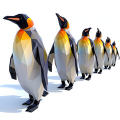 Row of stylized, low-poly penguins in a gradient of sunrise colors on a white background