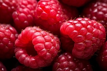 Background of ripe fresh red raspberries arranged for healthy diet concept and nutrition benefits