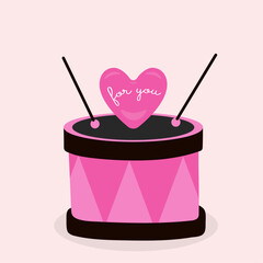 Flat Design Illustration with Children's Drum and For You Heart