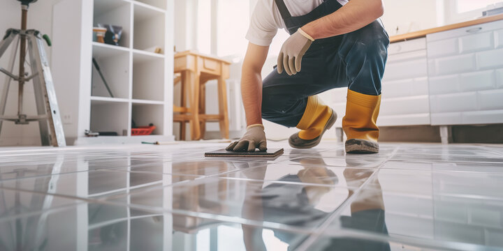 Fliesenleger verlegt Bodenplatten im Badezimmer