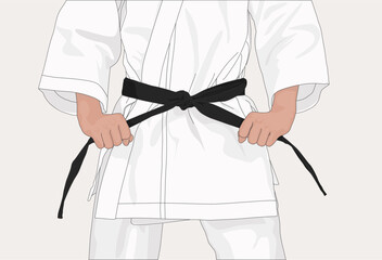 Karateka holds on to his black belt. Courage and sport concept. Vector cartoon isolated character