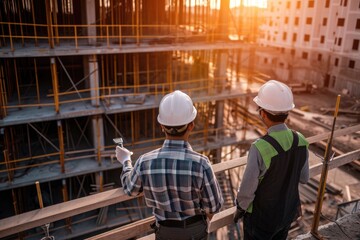 Two Construction Workers Examining a Building Under Construction, Engineers using machine learning to optimize construction plans, AI Generated
