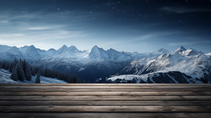 A empty wooden deck table, background snowy mountain.