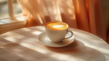 A cup of cappuccino stands on a smooth table surface. Aesthetics - obrazy, fototapety, plakaty