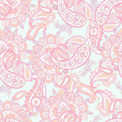 Fototapeta na wymiar Hand drawn floral paisley seamless vector pattern. Batik style fabric