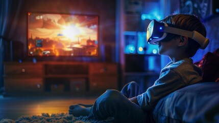 Obraz premium boy in pajamas playing with virtual reality glasses