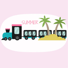Flat Design Summer Illustration with Children's Train and Palms