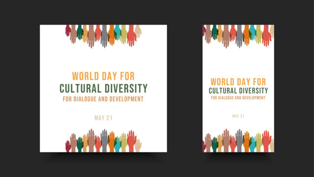 World Day of Cultural Diversity for dialogue and development, social media template design with hand up illustration.