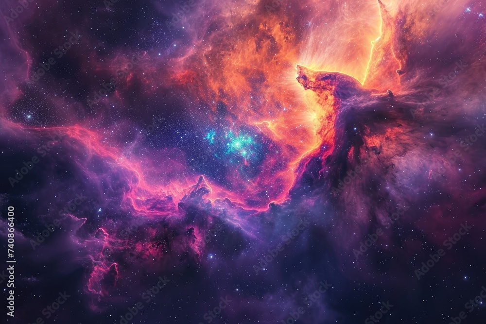 Poster a vibrant space scene featuring a multicolored backdrop with an abundance of stars and clouds, ether