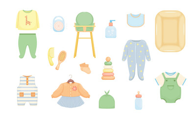 Set of baby clothes goods jumpsuit bodysuit pajama skirt toy chair. Cartoon vector illustration of newborn items isolated.