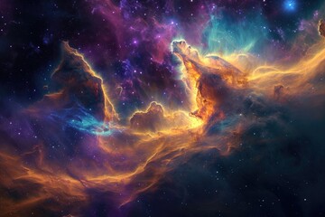 The photo captures a vibrant and expansive space adorned with a multitude of stars, Ethereal space scene with a majestic nebula in bright hues, AI Generated - obrazy, fototapety, plakaty