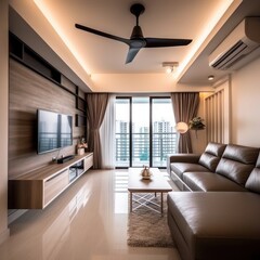 Warm and cozy interior of living room space with brown sofa, pouf, beige carpet, lamp, mock up poster frame, decoration, plant and coffee table.