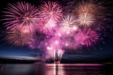 Fototapeta na wymiar Vivid night sky illuminated by colorful fireworks. a spectacular display for festive celebrations