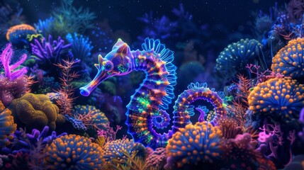 Fototapeta na wymiar Neon seahorse dancing amidst neon illuminated coral reefs