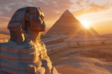 Sphinx riddle scene in front of the pyramids a desert sunset casting long shadows - obrazy, fototapety, plakaty