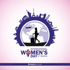 Women's Day tour and travel concept social media theme banner poster, 2024 Women's Day campaign theme- #InspireInclusion, Females for feminism, independence, sisterhood, empowerment