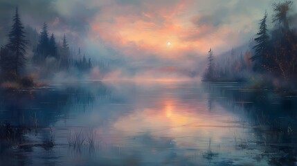 A peaceful lakeside scene at dawn, with mist rising from the water and the first light of morning...