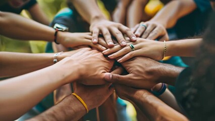 A lot of people put their hand together. Unity concept close up. United team idea. Anti racism sign. Group diverse arm on top of each other. Racial love symbol. Many different multi ethnic. Mixed race