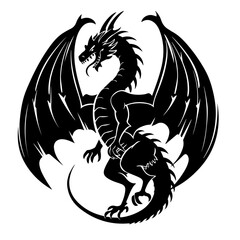 Intricate Black and White Dragon Silhouette for Mythical and Fantasy Design Elements