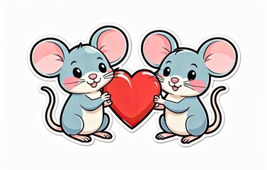 Two cartoon mice holding a heart isolated on white