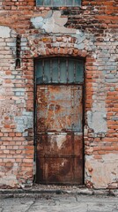 A rusted metal door set within a crumbling brick wall offers a glimpse into the past, its textured layers telling stories of bygone eras.
