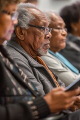 a group of african seniors at a tech workshop, their faces focused and curious, as they navigate tablets and smartphones
