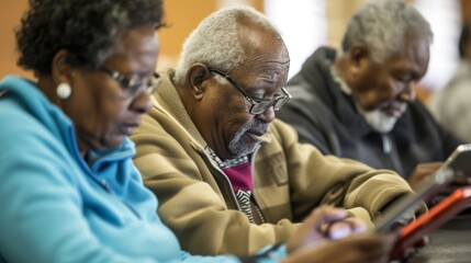 Obraz na płótnie Canvas a group of african seniors at a tech workshop, their faces focused and curious, as they navigate tablets and smartphones 