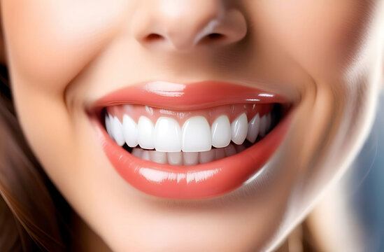 Close-up of woman's white-toothed smile. Dental care, whitening, dentist and orthodontist services. Bite correction