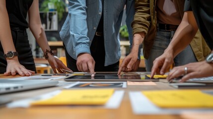 Business people, data analysis with tablet and paperwork, hands with online review in meeting and team with market research. Statistics, analytics dashboard and digital infographic with collaboration