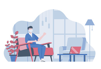 Stay at home concept with cartoon people in flat design for web. Man in mask sitting at room while coronavirus epidemic quarantine. Vector illustration for social media banner, marketing material.