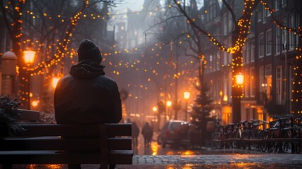 A person sitting alone on a bench in a bustling city square, their face a mask of loneliness and isolation