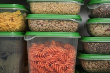Plastic containers filled with food products, closeup
