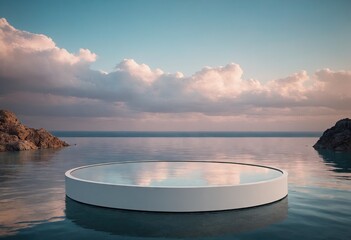 Luxury white stone podium with water surface for product placement display. Sky with clouds in background. Minimalistic neutral aesthetic mockup template for beauty and cosmetics scene. Ai generation