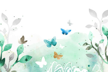 Fototapeta na wymiar Spring romantic vector watercolor illustration with trees, meadow and butterflies. Nature design for gift card, poster, banner with place for text