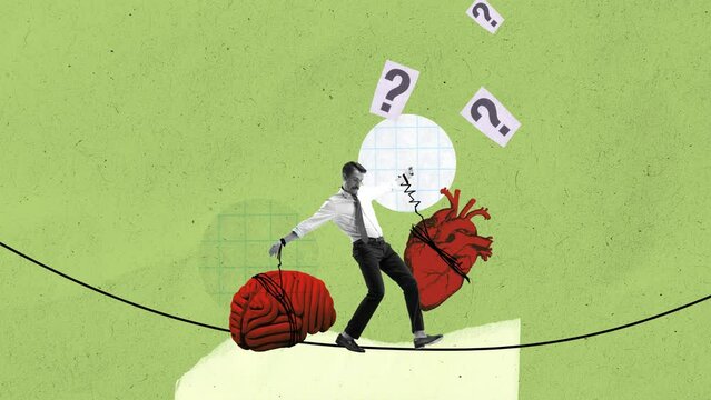 Balance of mind and heart. Young man connected to heart and brain balancing on rope. Intellect and emotions, brain and heart. Thoughtful decision-making. Concept of psychology. Stop motion, animation.