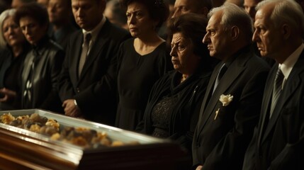 Somber Funeral Service with Family Mourning Beside Casket - obrazy, fototapety, plakaty