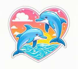 heart shaped sticker with two dolphins jumping out of the water