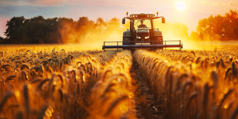 Fototapeta premium Harvesting Tractor at Sunset. Sunset Harvest in Golden Wheat Field.