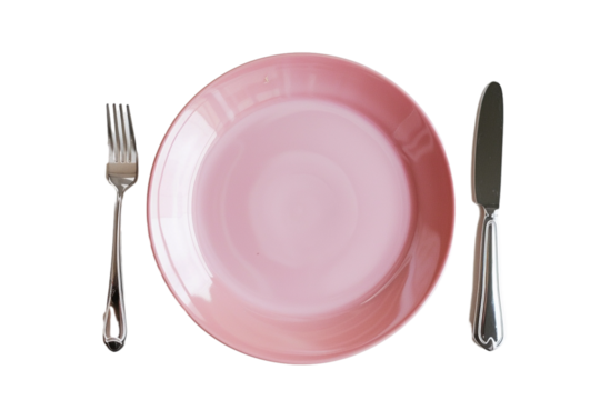 modern color plate with fork and knife, top view, isolated on transparent background