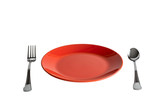 modern color plate with fork and knife, top view, isolated on transparent background