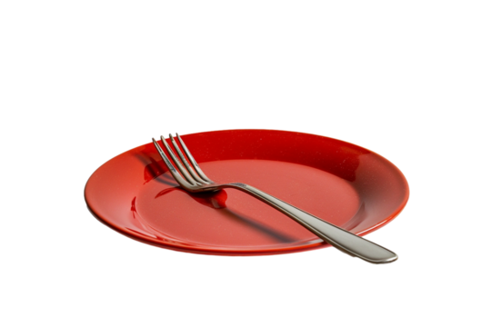 modern color plate with fork and knife, top view, isolated on transparent background