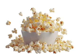 Delicious popcorn in white bowl cut out isolated on transparent or white background, png file