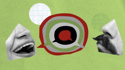 Stop motion, animation. Debate or public speaking event, emphasizing the exchange of ideas between diverse individuals. Male, female mouth with speech bubble. Individuality, opinion, communication