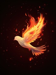 Flying white dove with fire effect on dark background. Symbol of peace. Gifts of holy spirit concept	
