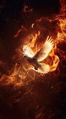 Flying white dove with fire effect on dark background. Symbol of peace. Gifts of holy spirit concept	