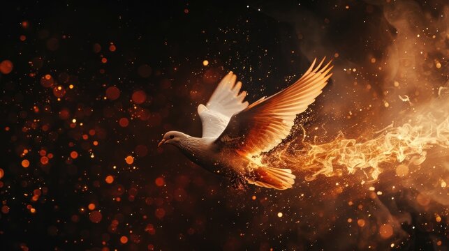 Flying white dove with fire effect on dark background. Symbol of peace. Gifts of holy spirit concept	