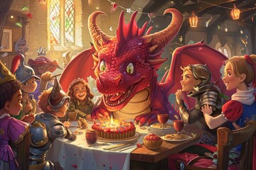 A gathering of children sitting around a table, celebrating with a birthday cake, Fairytale dragon having a birthday party with knights and princesses, AI Generated